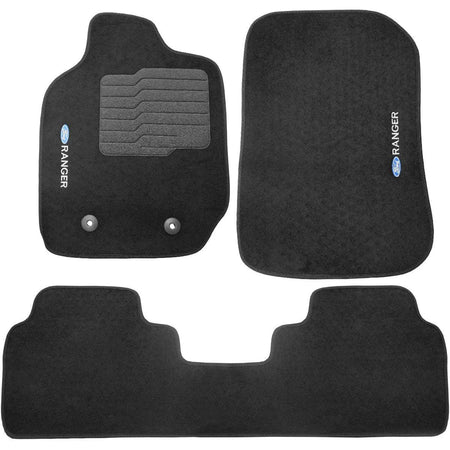 TAPETE CARPETE FORD RANGER 2013 A 2023 CABINE DUPLA PRETO BORDADO 3 PEÇAS